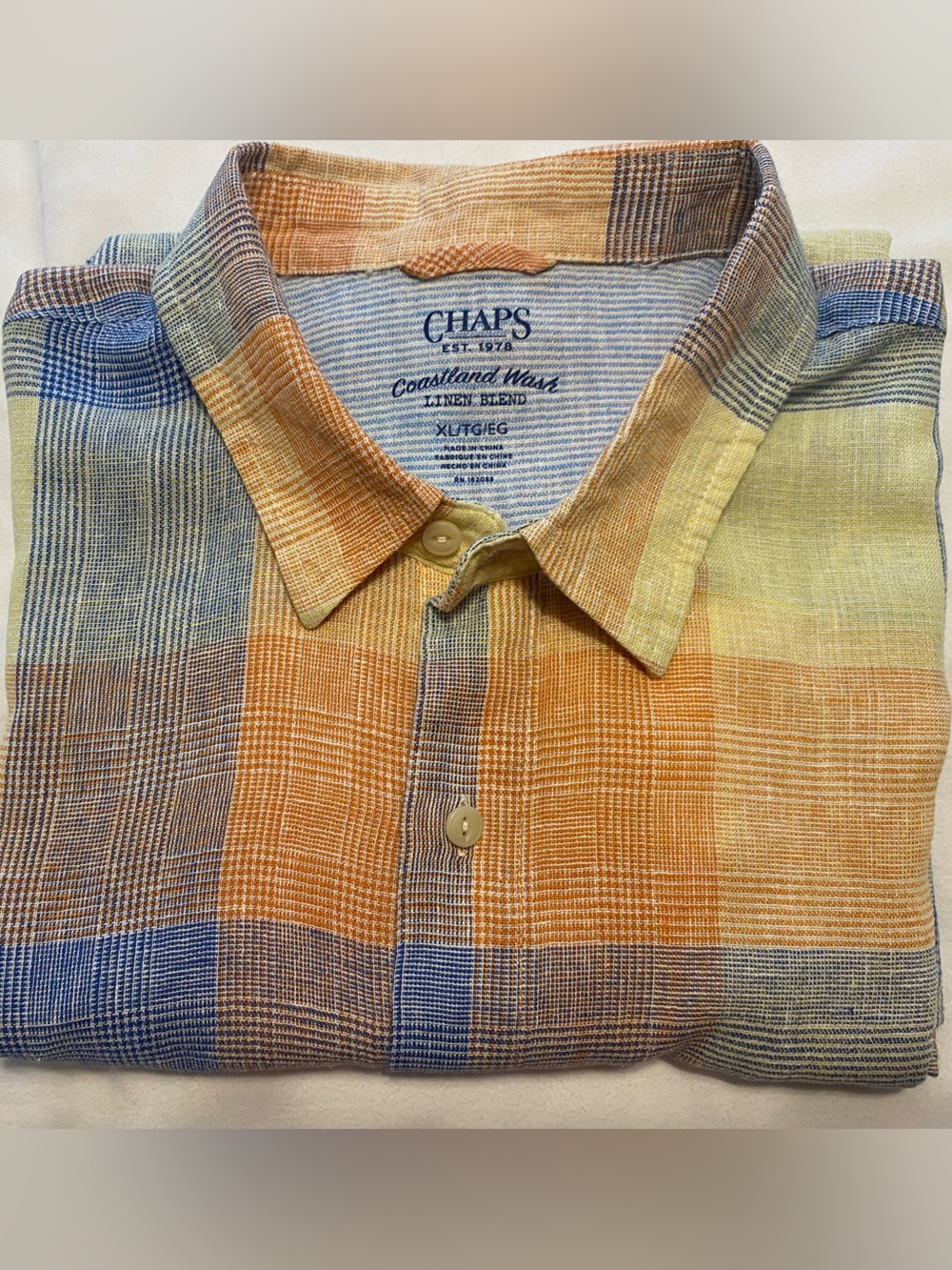 Men’s XL Chaps Multicolor Coastland Wash Linen Blend Short Sleeve Plaid Shirt